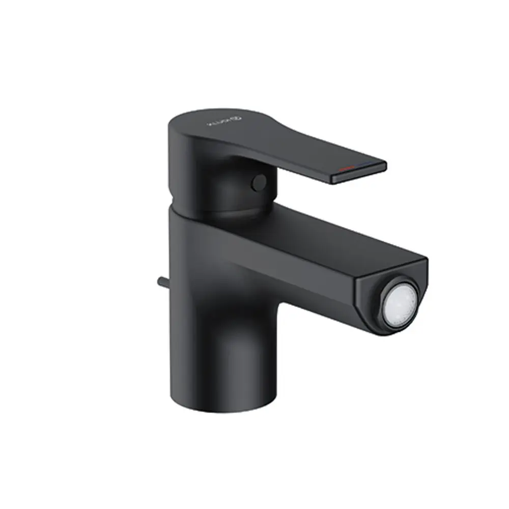 Schwarzer Badezimmertap zum Bidet mit einem Hebel für die Bedienung und einem Sensor für den Wasserfluss, hergestellt von Kludi.